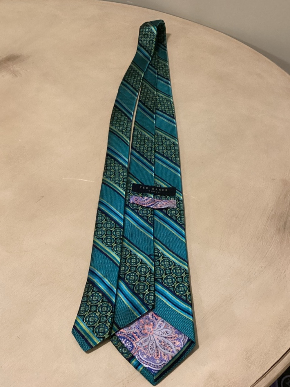 Ted Baker London 100% Silk Teal and Navy Diagonal Striped Tie Gorgeous Color EUC - Picture 2 of 8
